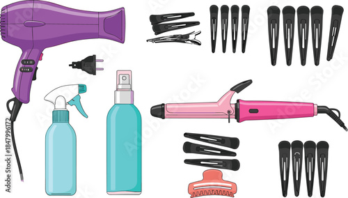 Professional hair styling equipment vector set featuring purple hair dryer, pink curling iron, spray bottles, and various black salon clips for beauty parlor and hairdressing design.