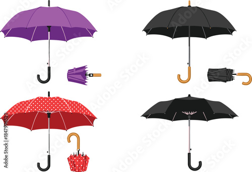 Set of colorful umbrellas in various states including open and closed positions featuring purple black and red polka dot patterns for weather design.