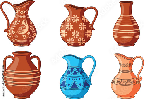 Decorative ceramic pottery vector set featuring clay jugs, pitchers, and vases with traditional floral, bird, and geometric patterns isolated on white background for kitchen decor.