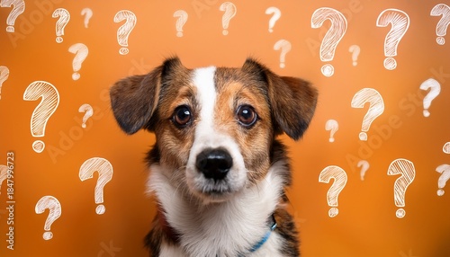 cute dog with curious expression surrounded by question marks in vibrant background