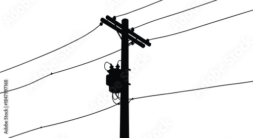 Black silhouette of electric pole with power lines, utility infrastructure vector, energy transmission artwork, simple line illustration for city grid