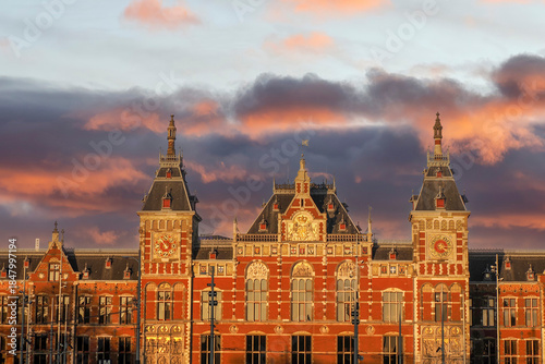 Photography amsterdam central station at sunset