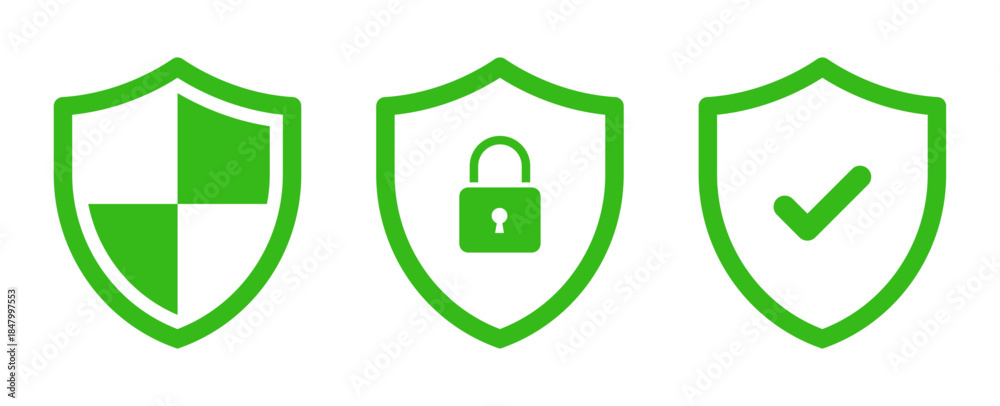 Obraz premium Security shield lock and shield check icon symbol set. Safety shield logos with check mark and padlock. Protection approve sign. Protect shield icons.