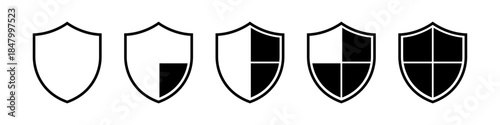 Set of five shield icons representing different protection levels, with varying fills, ideal for security, safety, and validation concepts
