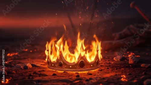 Burning crown on battleground landscape, symbolizing fallen kingdom and defeat
