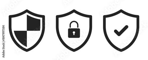 Security shield lock and shield check icon symbol set. Safety shield logos with check mark and padlock. Protection approve sign. Protect shield icons.