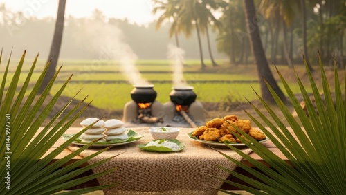 traditional south indian cooking setup with steaming pots and freshly prepared snacks on a table outdoors in a paddy field setting with palm trees