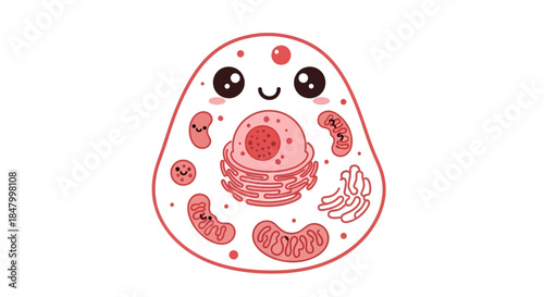 Adorable cartoon cell illustration displaying biological components in a simple representation