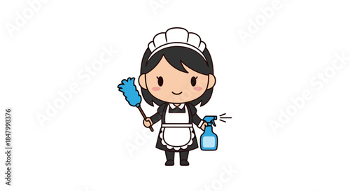 Adorable maid cartoon character ready for household chores and cleaning tasks with joy