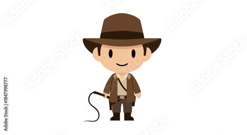 Cartoon adventurer with fedora hat and bullwhip on white background in vector style