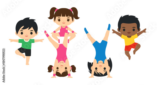 Cartoon children engaging in various acrobatic fitness activities with cheerful expressions