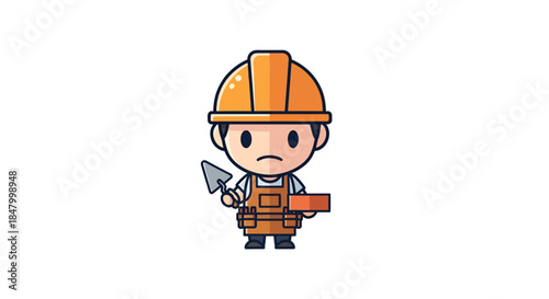 Cartoon construction worker character with brick and trowel, illustration concept for building