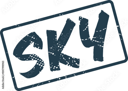 Distressed rubber stamp impression featuring the word sky representing open spaces