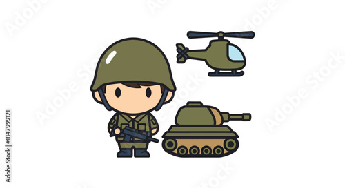 Cartoon illustration of a cute soldier with tank and helicopter on white background