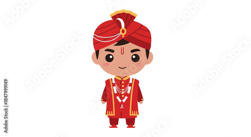 Cartoon Illustration of an Indian Groom in Traditional Wedding Attire with Turban