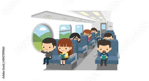Cartoon illustration of people on an airplane enjoying their time during the flight