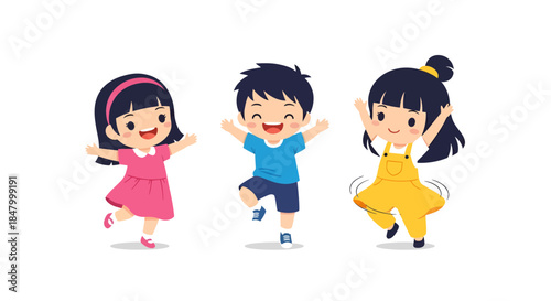 Cartoon joyful little children jumping with arms raised concept design vector illustration