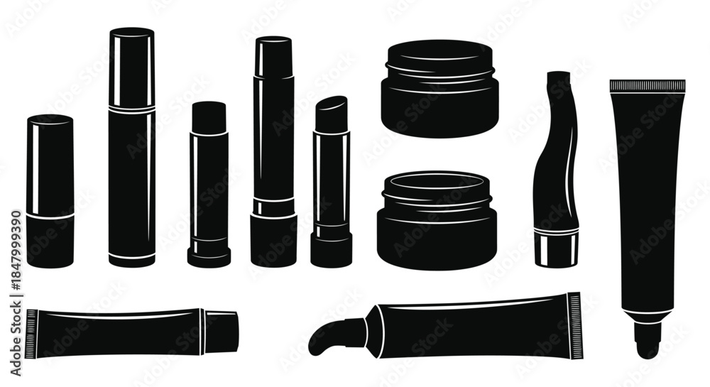 Obraz premium Black and white illustration of various cosmetic tubes and containers