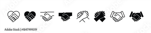 Handshake icon set. Business agreement handshake symbol. Friendly, partnership deal handshake line and silhouette sign. Transparent png and vector illustration