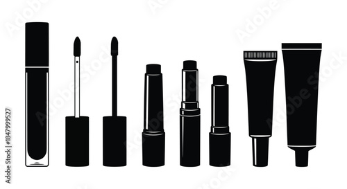 Collection of various makeup products in black silhouettes