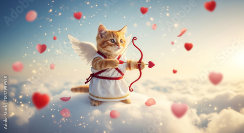 Cute kitten dressed as cupid with wings and bow on cloudy sky