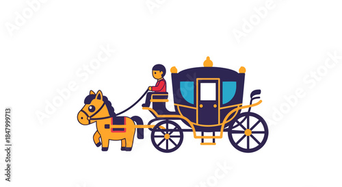 Charming cartoon illustration of a horse-drawn carriage with a driver character