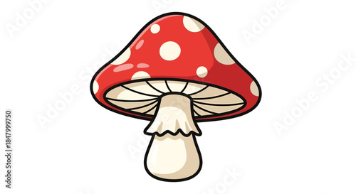 Charming cartoon illustration of a vibrant red mushroom with whimsical white polka dots