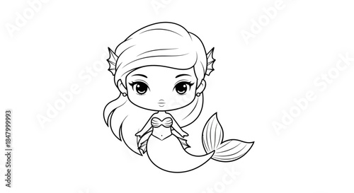 Charming chibi mermaid line art design with elegant flowing hair and cute tail