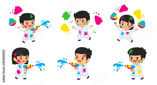 Cheerful cartoon children celebrating the vibrant Holi festival with colored powder and water guns
