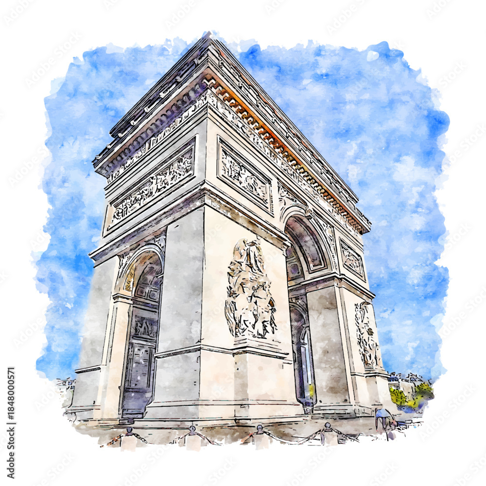 Fototapeta premium Watercolor Illustration of Arc de Triomphe in Paris with Ornate Details and Blue Sky