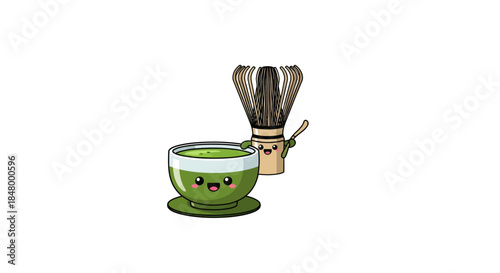 Cute cartoon depiction of matcha tea and whisk ideal for kawaii food illustrations