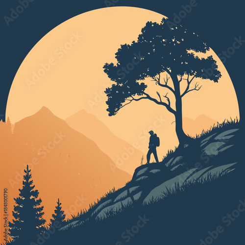 Hiker under moonlit tree