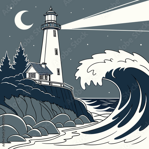 Lighthouse illuminating stormy sea