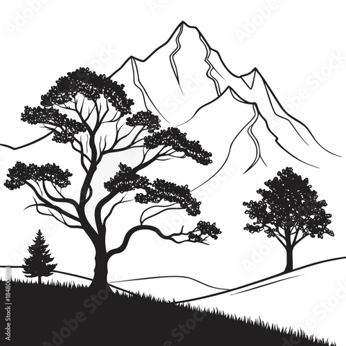 Silhouette of trees and mountains