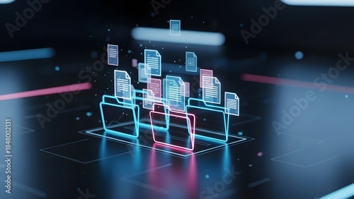 Digital document management system with file folders and documents. Organize data in cloud storage. Modern technology for business.