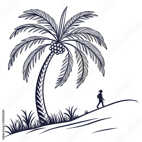 Lone walker under palm tree