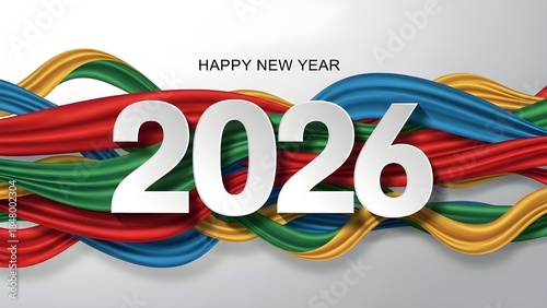 Colorful 2026 Happy New Year 3D Typography with Vibrant Flowing Ribbons on Purple Background - Modern Celebration Design