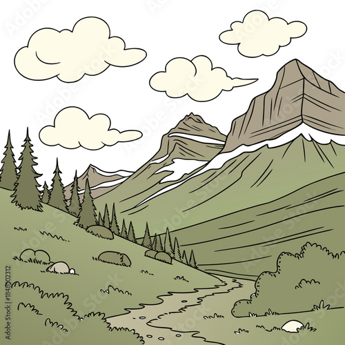 Mountainous landscape with clouds and forest