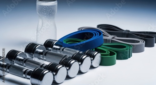 Fitness essentials display featuring dumbbells, resistance bands, and water bottle