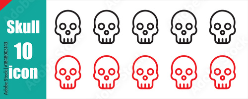 Black and red skull icon set. Solid color death symbol vector collection.