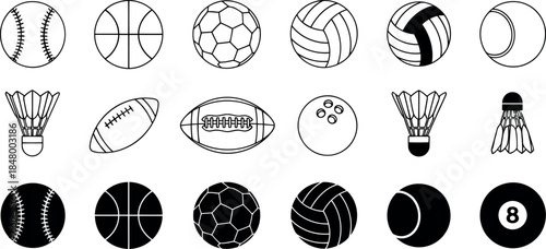 Collection of sport balls and equipment icons Vector