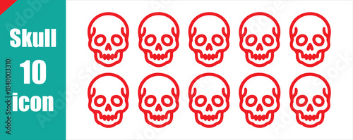 Red outline skull icon set. Linear danger and death symbol vector collection.
