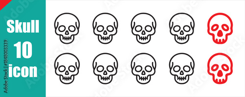 Simple line art human skull icon set. Vector skeleton head symbol collection.