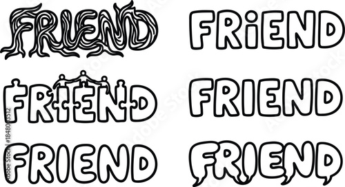 Set of six diverse friendshipthemed cartoon word illustrations