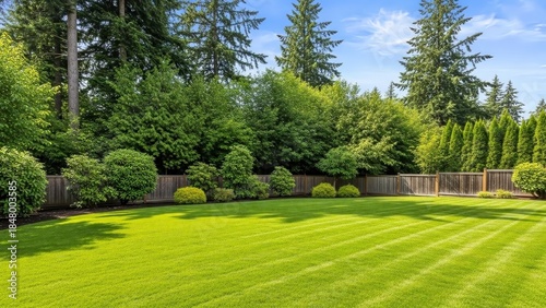 Wallpaper Mural A green large fenced backyard with trees, creating a natural and open outdoor space. Torontodigital.ca