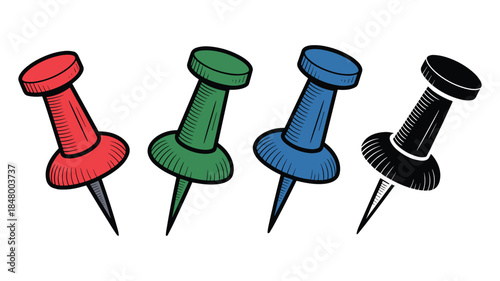 Four colorful cartoon push pins in red green blue and black on a white background pushpin thumbtack