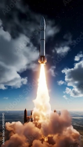 Powerful rocket launch sequence ignites the sky from the launchpad ascending toward the dark expanse of space
