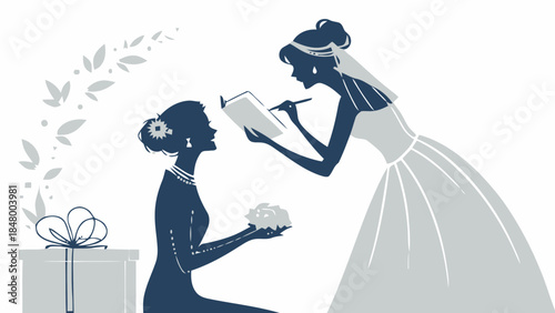 Bride writing thank you card to bridesmaid kneeling with gift