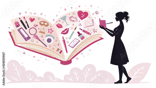 Woman planning beauty routine with cosmetic notebook