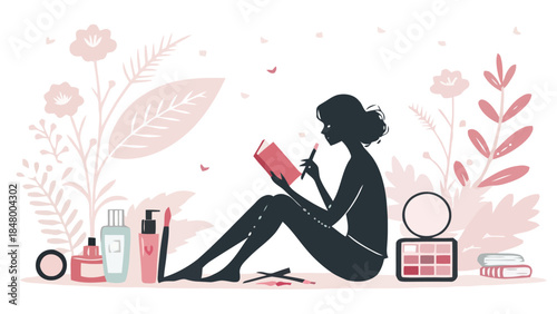 Woman getting ready with beauty products and flowers